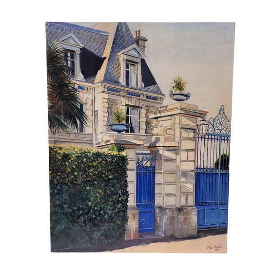 Image 1 of Pair of vintage oil paintings representing 2 views of elegant houses in broad daylight