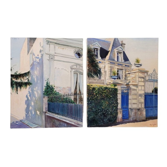 Image 1 of Pair of vintage oil paintings representing 2 views of elegant houses in broad daylight