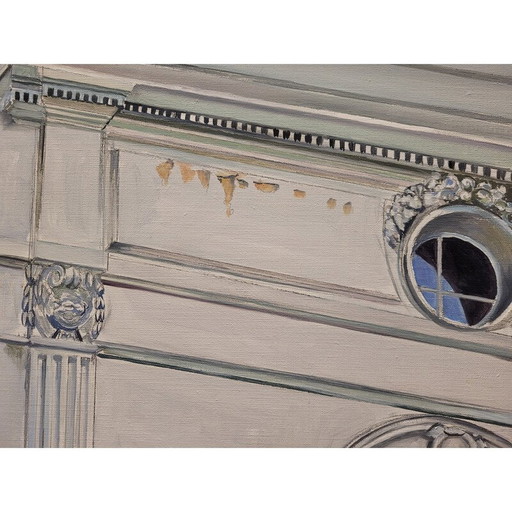 Pair of vintage oil paintings representing 2 views of elegant houses in broad daylight