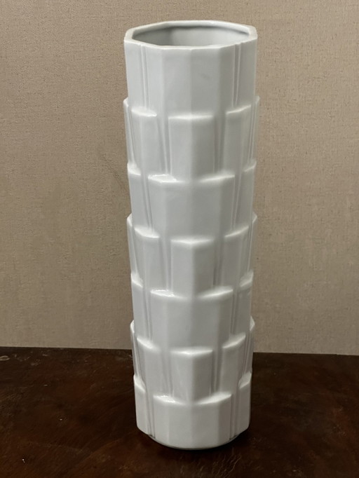 White Vase Cubic Tower Shape Style Heinrich Fuchs - Limoges France H 28,5 Cm