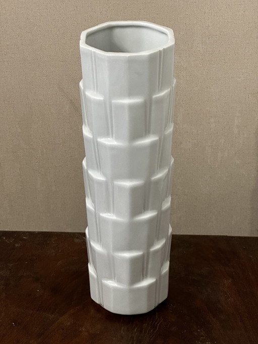 White Vase Cubic Tower Shape Style Heinrich Fuchs - Limoges France H 28,5 Cm