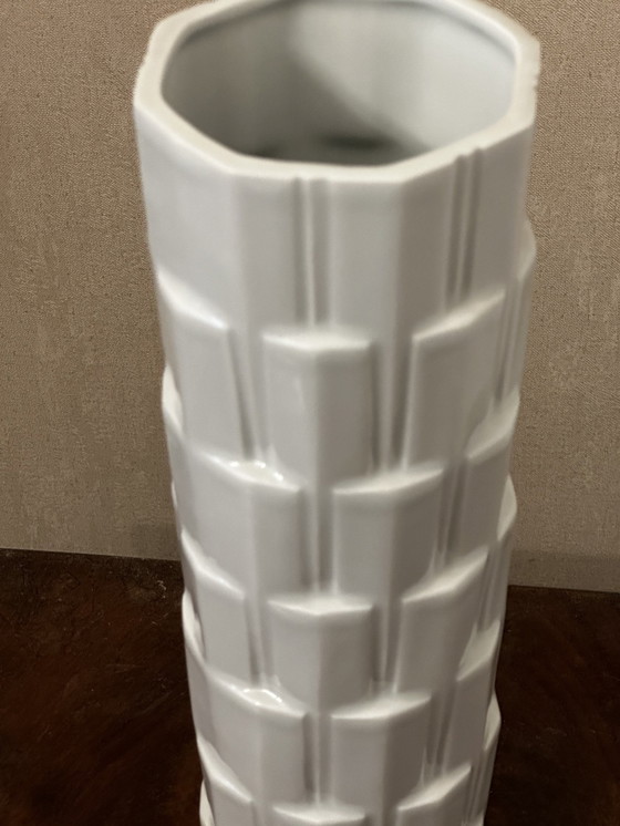 Image 1 of White Vase Cubic Tower Shape Style Heinrich Fuchs - Limoges France H 28,5 Cm