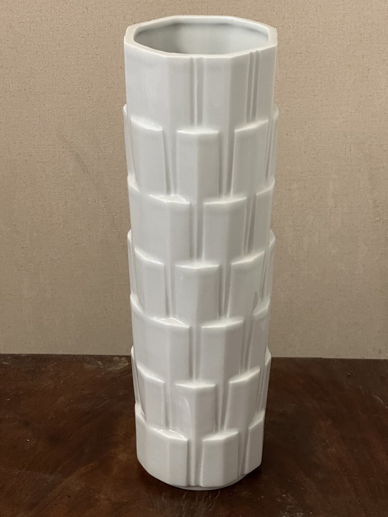 Image 1 of White Vase Cubic Tower Shape Style Heinrich Fuchs - Limoges France H 28,5 Cm