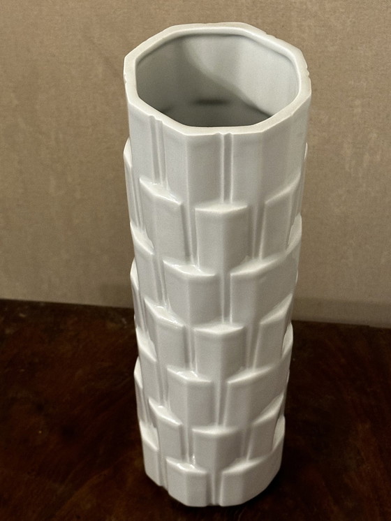 Image 1 of White Vase Cubic Tower Shape Style Heinrich Fuchs - Limoges France H 28,5 Cm