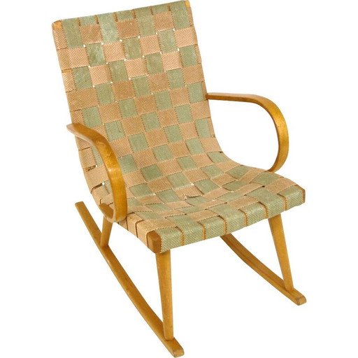 Sedia a dondolo vintage scandinava in tela di iuta, Svezia 1970