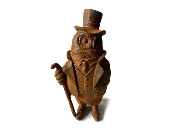 Image 1 of Owl In Costume With Walking Stick And Hat Cast Iron Statue