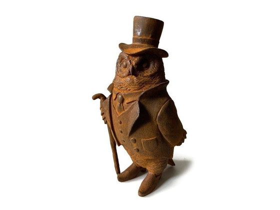 Image 1 of Owl In Costume With Walking Stick And Hat Cast Iron Statue