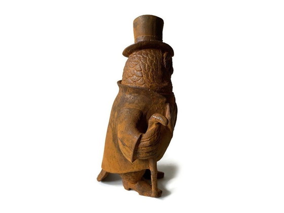 Image 1 of Owl In Costume With Walking Stick And Hat Cast Iron Statue