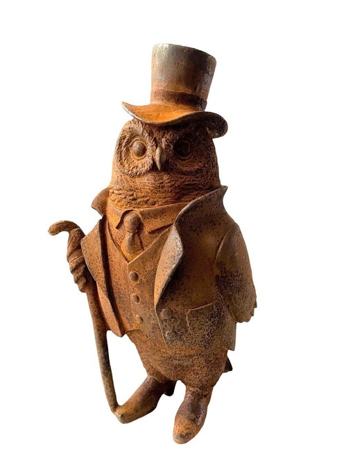 Owl In Costume With Walking Stick And Hat Cast Iron Statue