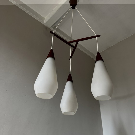 Image 1 of Midcentury pendant lamp of opaline glass and teak, 3-armed