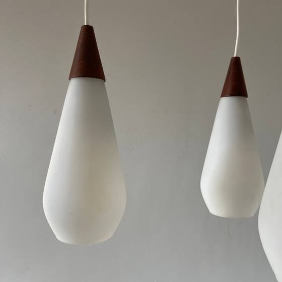 Image 1 of Midcentury pendant lamp of opaline glass and teak, 3-armed