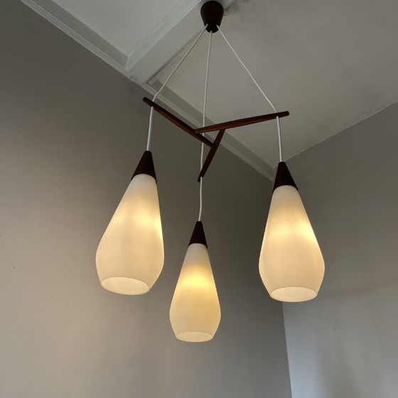 Image 1 of Midcentury pendant lamp of opaline glass and teak, 3-armed