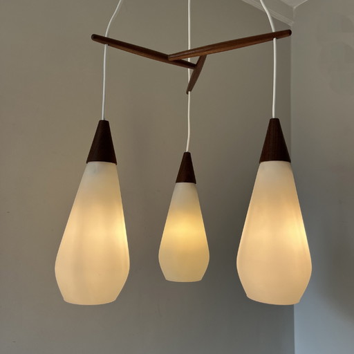 Midcentury pendant lamp of opaline glass and teak, 3-armed