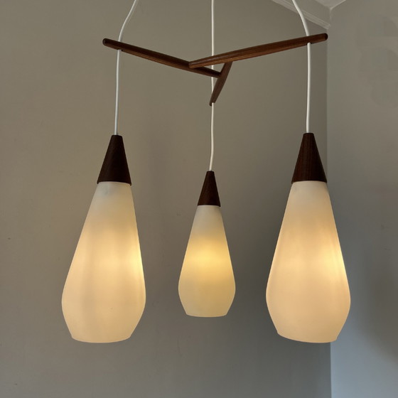 Image 1 of Midcentury pendant lamp of opaline glass and teak, 3-armed