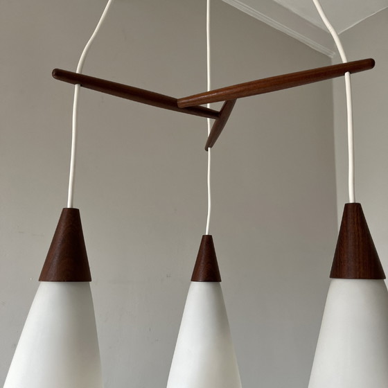 Image 1 of Midcentury pendant lamp of opaline glass and teak, 3-armed