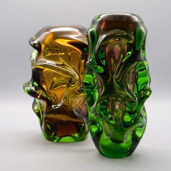 Image 1 of Sommerso Vase en verre à hélice Design Jan Kotik 20cm Retro 50s Uranium Amber