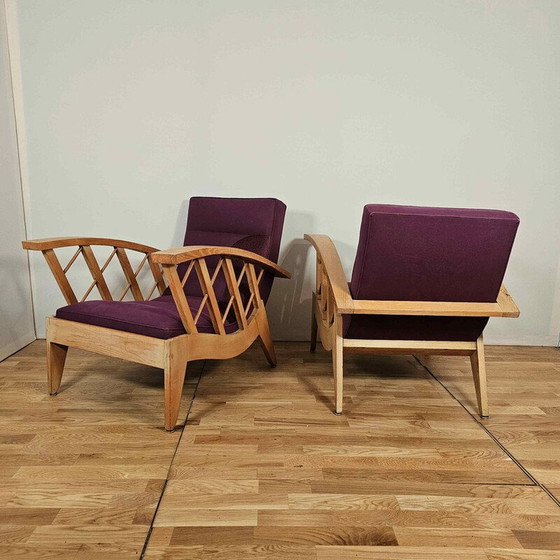 Image 1 of Pair of vintage cross-braced armchairs in embroidered Canovas fabric by Lesage, 1950