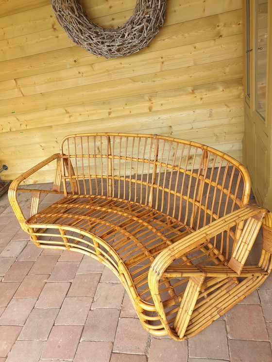 Image 1 of Rare Curved Rattan Vintage 3-Seater Frankl Sofa 1930s