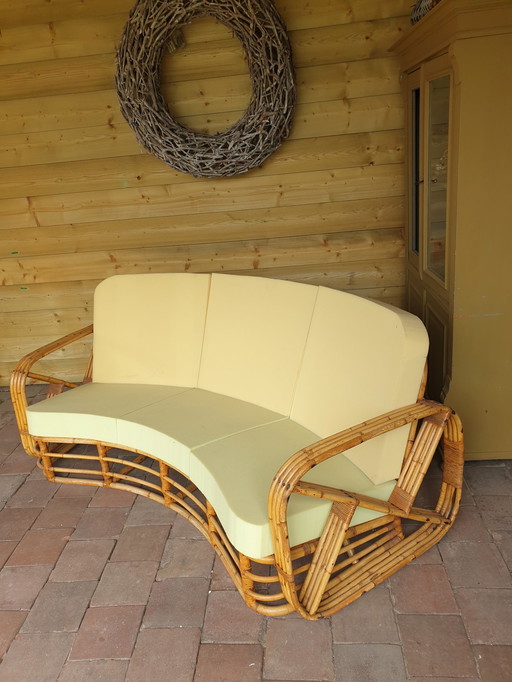 Rare Curved Rattan Vintage 3-Seater Frankl Sofa 1930s