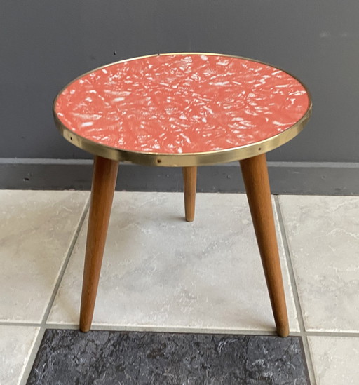 Red Formica Cracked Ice Design Round Flower Table 1960S