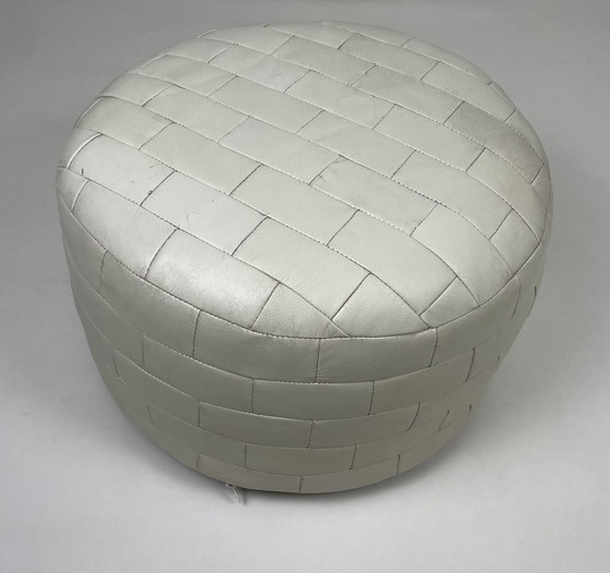 Image 1 of Vintage beige cream patchwork genuine leather pouf