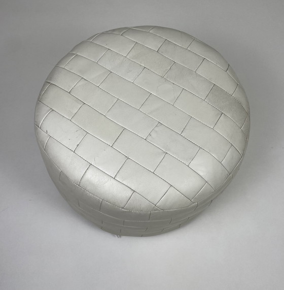 Image 1 of Vintage beige cream patchwork genuine leather pouf