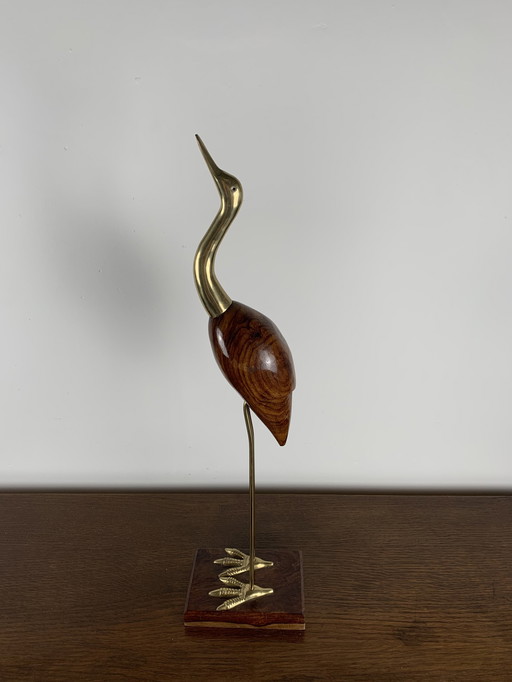 Heron Statue In Wood And Brass, 1960