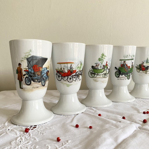 Set Of 6 Mazagrans Coffee Mug Porcelain Limoges Hippomobile Automobile