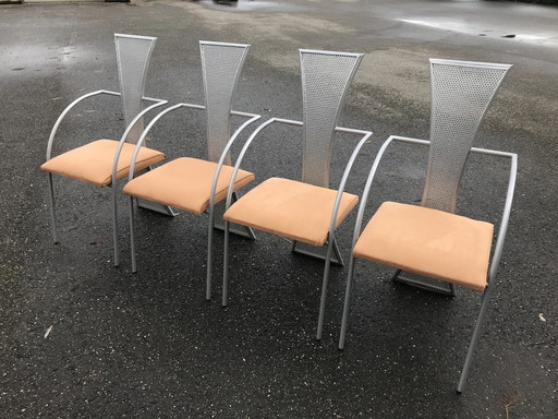 Set Of 4 Memphis Style Dining Chairs Of Perforated Metal