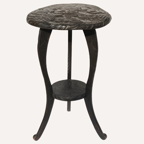 Image 1 of Japanese Hand Carved Floral Side Table/ Plant Stand, 1905