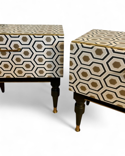 Mid - Century Cupboards With Hicks' Hexagon By Cole & Son, Set Of 2