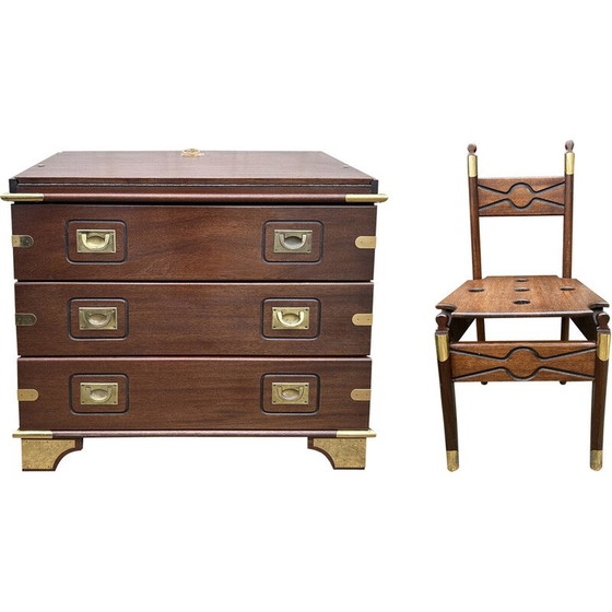Image 1 of Vintage marine scriban chest of drawers in acacia wood and brass, 1950