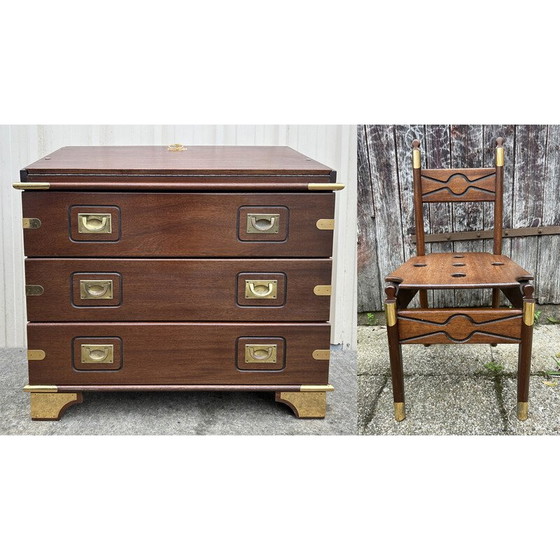 Image 1 of Vintage marine scriban chest of drawers in acacia wood and brass, 1950