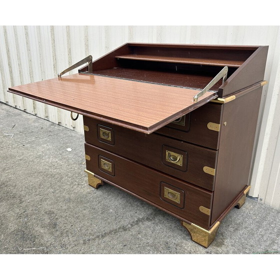 Image 1 of Vintage marine scriban chest of drawers in acacia wood and brass, 1950