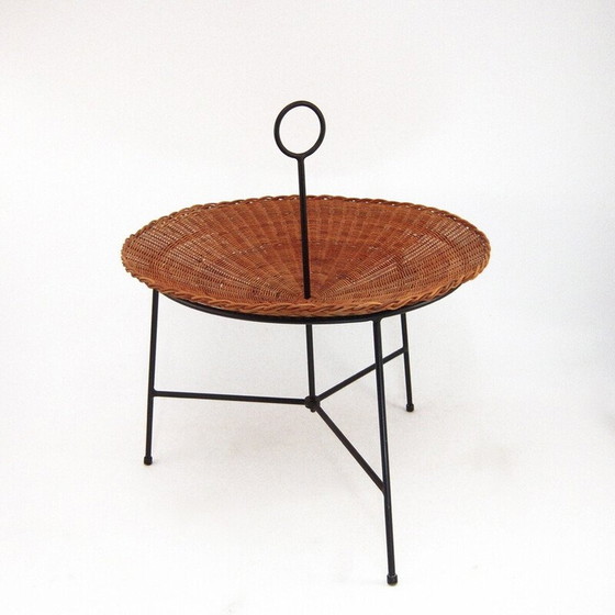 Image 1 of Vintage wicker and black lacquered brass magazine rack, 1960