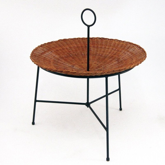 Image 1 of Vintage wicker and black lacquered brass magazine rack, 1960