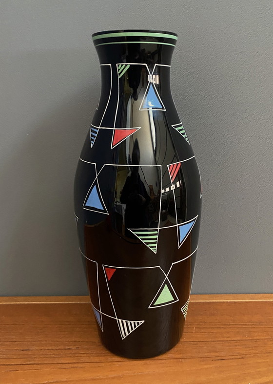 Image 1 of Vaso in vetro nero con decorazione in smalto di Veb Wasungen, anni '70