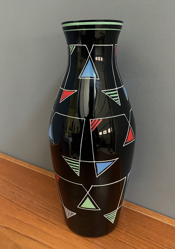 Image 1 of Vaso in vetro nero con decorazione in smalto di Veb Wasungen, anni '70