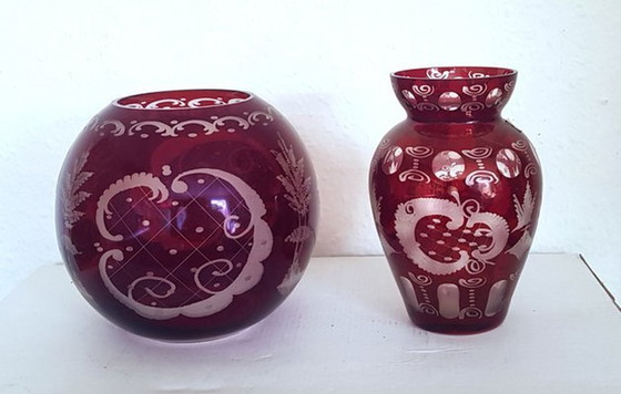 Image 1 of Rubin Red Bohemian Vases With Forest Motif, Set Of 2