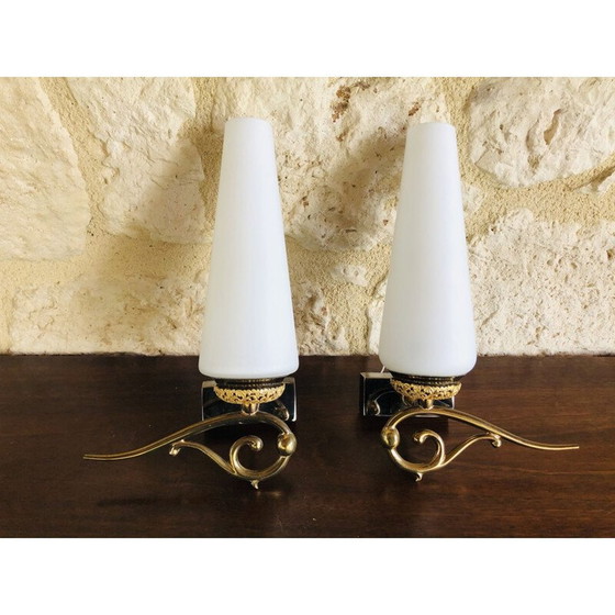 Image 1 of Coppia di applique vintage in opalino e ottone, 1950