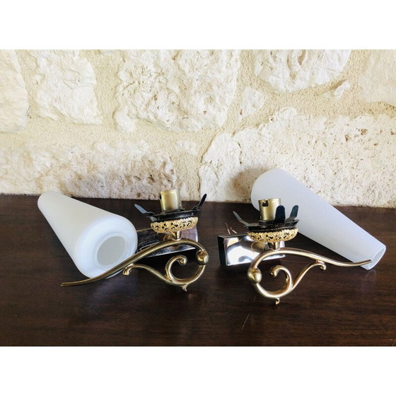 Image 1 of Coppia di applique vintage in opalino e ottone, 1950