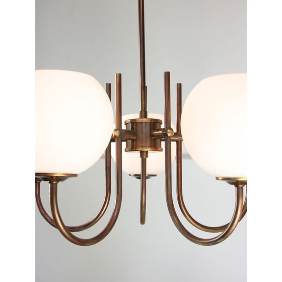 Image 1 of Vintage chandelier in copper-plated brass and opaline glass, Italy 1970