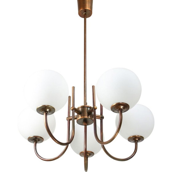 Image 1 of Vintage chandelier in copper-plated brass and opaline glass, Italy 1970