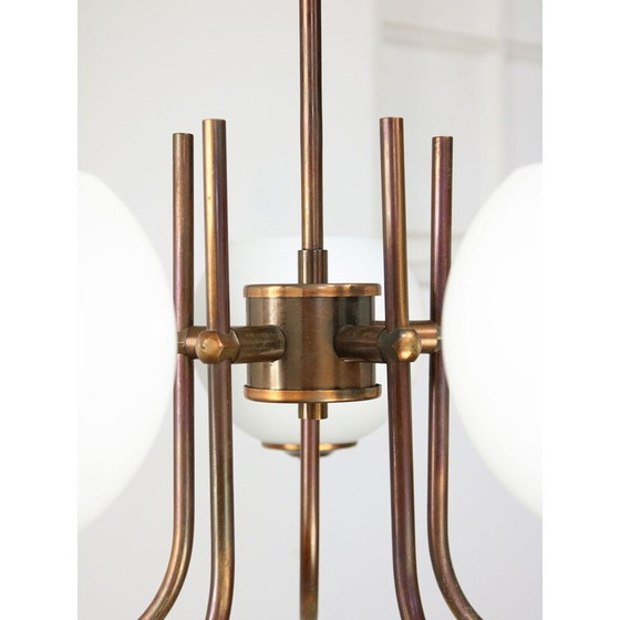 Image 1 of Vintage chandelier in copper-plated brass and opaline glass, Italy 1970