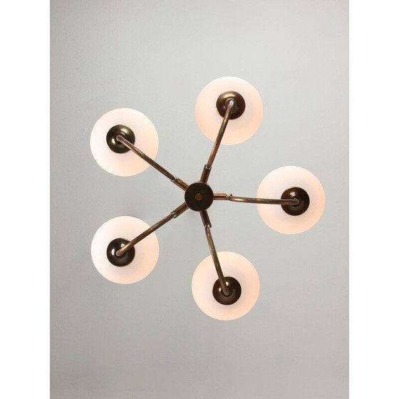 Image 1 of Vintage chandelier in copper-plated brass and opaline glass, Italy 1970