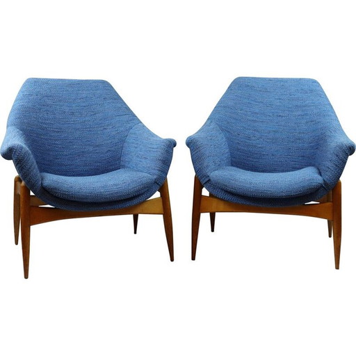Pair of vintage armchairs in blue fabric by Julia Gaubek, Hungary 1950