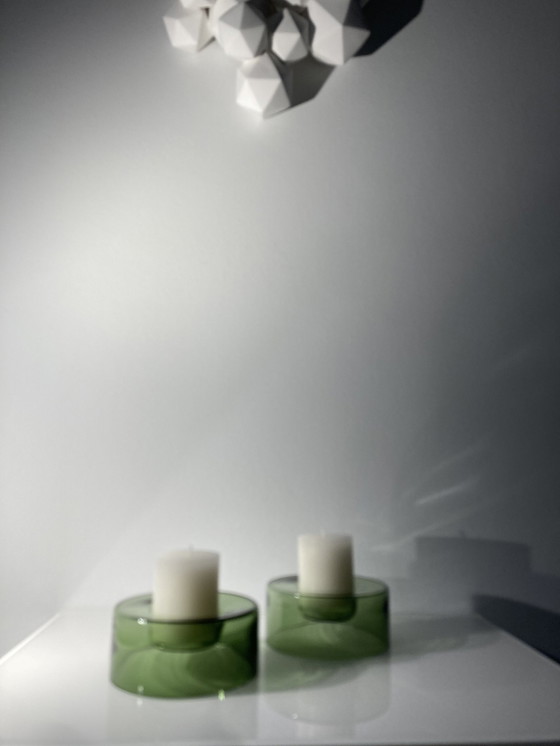 Image 1 of Set Of Two Green, Glass Candle Holders