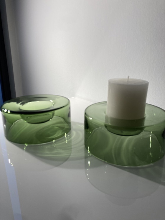 Image 1 of Set Of Two Green, Glass Candle Holders