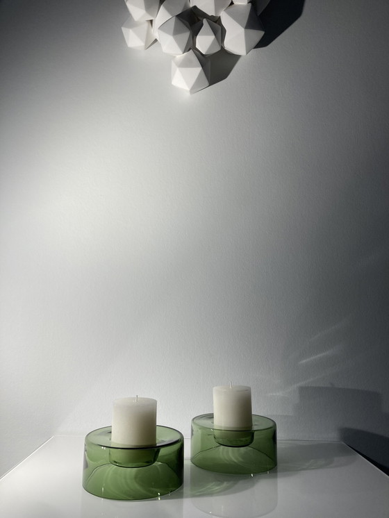 Image 1 of Set Of Two Green, Glass Candle Holders