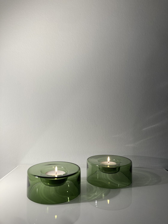 Image 1 of Set Of Two Green, Glass Candle Holders